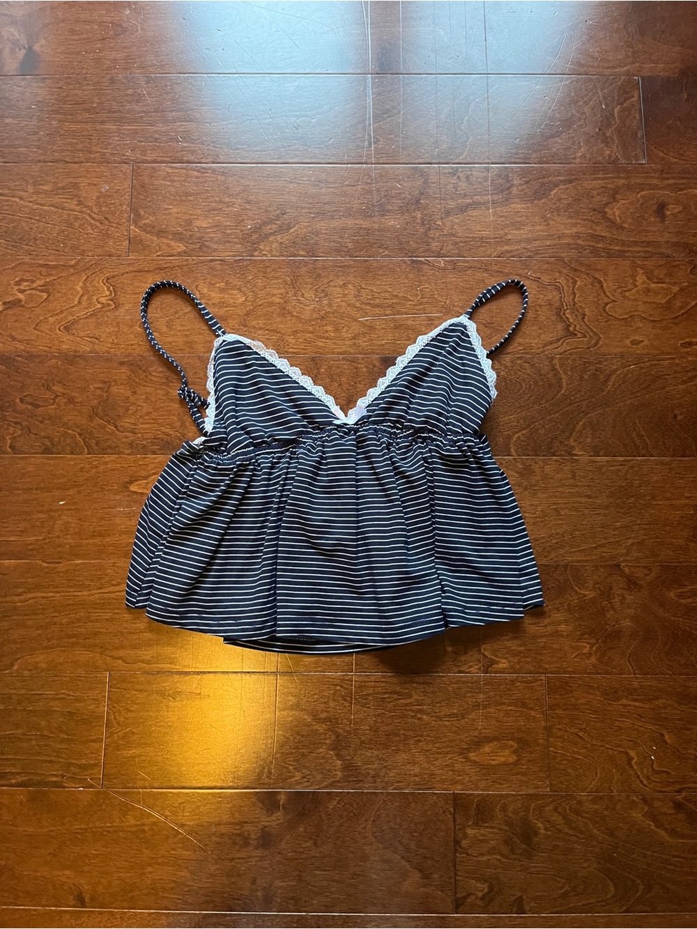 Urban Outfitters Navy & White Striped Lace-Trim Pyjama Top